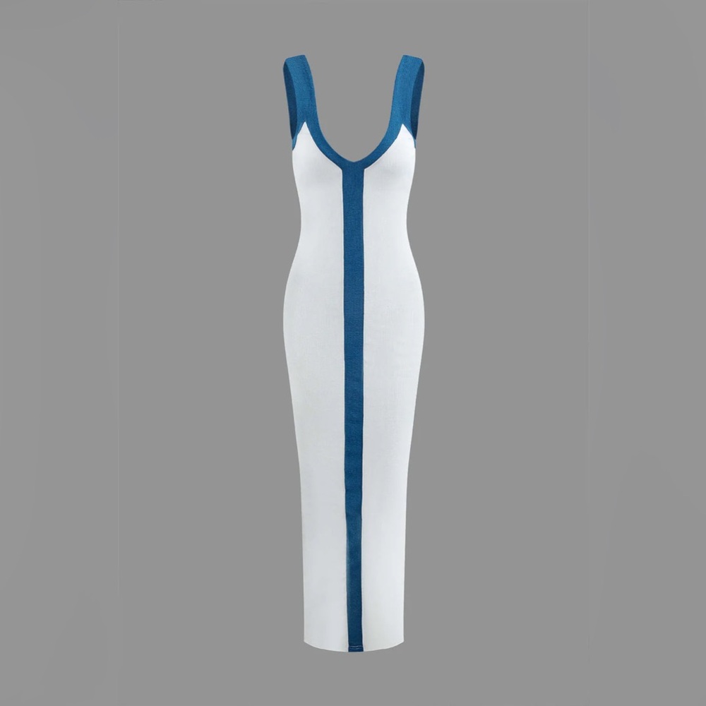 Sleeveless white Maxi Dress with Teal Center Panel - Picture 2 of 3